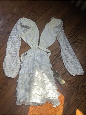 PatBO Ivory Fringe Mini Dress with Crochet Detail